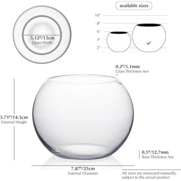 Bowl Glass Vase, Diameter 8", Height 6", Open Width 5" - Picture 3 of 7